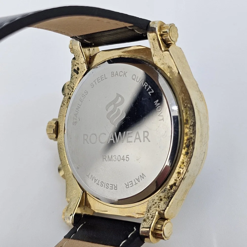 Rocawear Men's Watch 46MM Blue Dial NEW Black Faux‎ Leather Bands NEW Battery